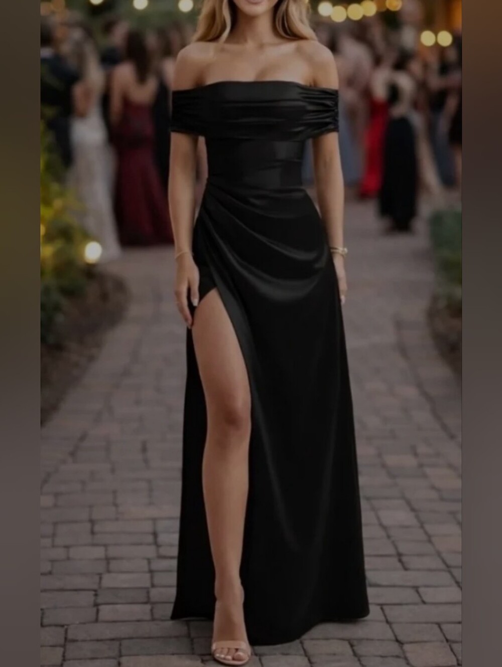Women's Off Shoulder Black Maxi Dress with High Slit